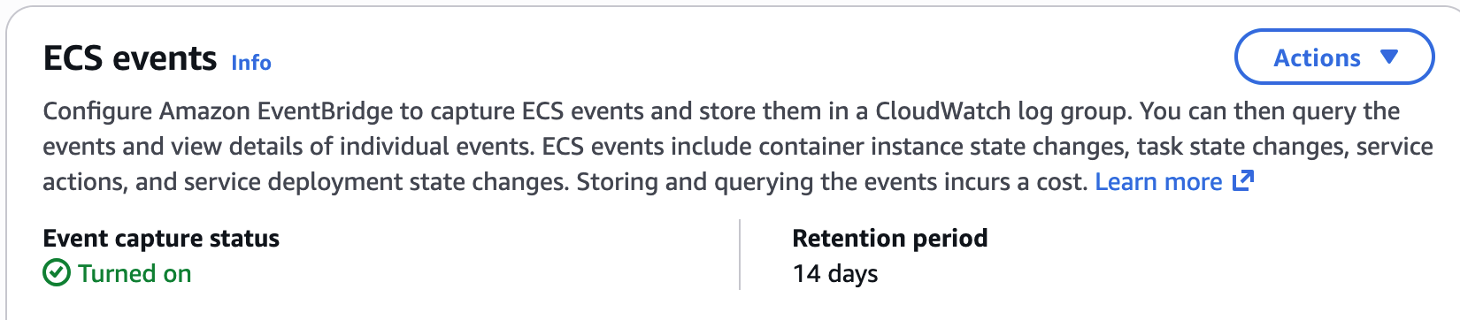 ECS console says "Turned on"