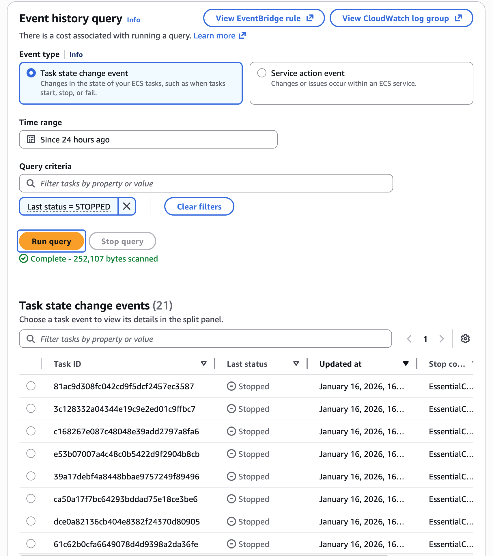 ECS console showing event history