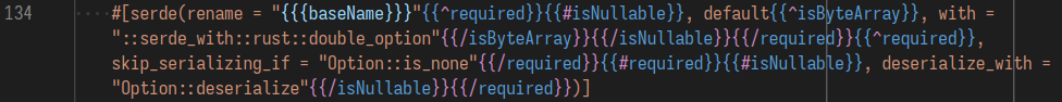 A single templated Rust attribute (serde) of 341 characters, including six pairs of mustache tags, wrapped across six lines for readability