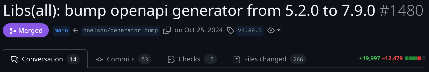 GitHub Pull Request header with almost 20k lines added and 12.5k lines removed